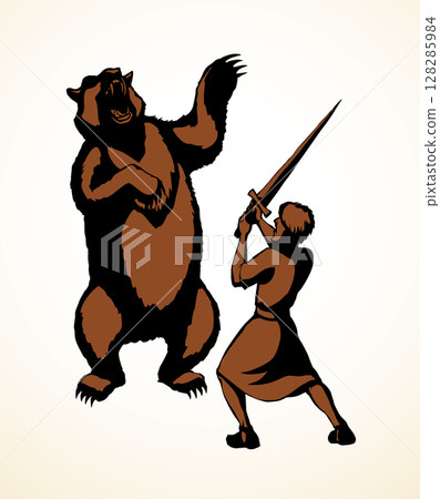 Vector drawing. An angry bear attacking man 128285984