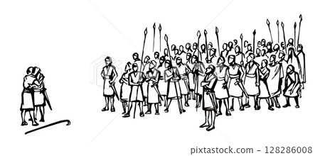 Vector drawing. Meeting of two tribes 128286008