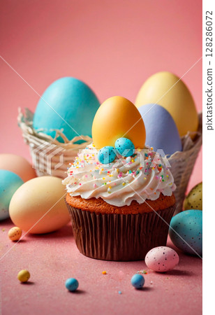 The photo _easter composition with eggs and cupcake 128286072