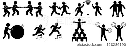 Pictogram set representing athletic meet events, silhouette material of multiple sports such as tug-of-war, relay, ball throwing Pictogram set representing athletic meet events, silhouette material of multiple sports such as tug-of-war, relay, ball throwing 128286190