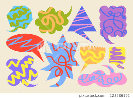 Speech bubble shapes in retro cartoon style. Abstract silhouettes: comic clouds, messages, leaves, graphic elements. Funky sticker collection for text highlight. Trendy frames, Illustration in doodle. 128286191