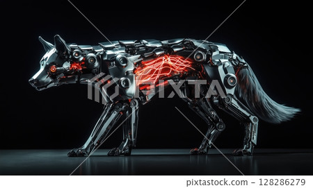 A futuristic mechanical wolf that emits red light 128286279