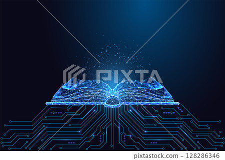 Futuristic glowing open book on circuit board symbolizing AI education, smart learning, e-knowledge Futuristic glowing open book on circuit board symbolizing AI education, smart learning, e-knowledge 128286346