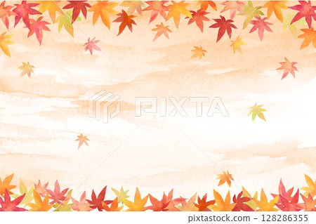 Maple frame in the sunset sky painted with watercolors 128286355