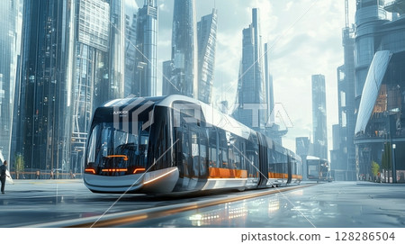Advanced design of futuristic train and cityscape 128286504