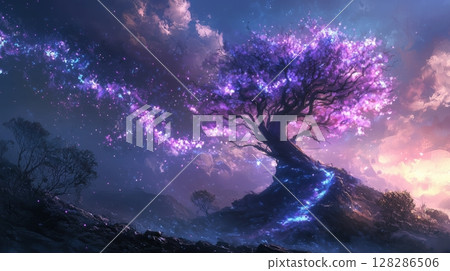 Glowing magic tree and fantastic fantasy night sky 128286506