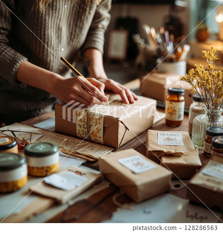 Small business owner preparing sustainable packages for delivery 128286563
