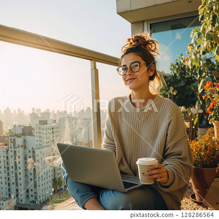 Freelancer working remotely on balcony with laptop and coffee 128286564