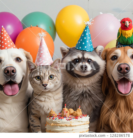 Pets celebrating birthday with cake and balloons 128286578