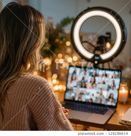 Teacher conducting online class using laptop and ring light at home 128286614