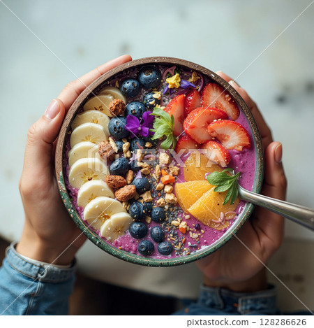 Woman holding smoothie bowl with banana, blueberries, strawberries, orange, granola and edible flowers 128286626