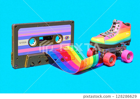 Rainbow colored roller skate crushing a cassette tape with magnetic tape forming a rainbow flag on blue background 128286629