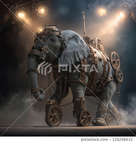 Steampunk elephant walking under spotlights in a smoky atmosphere 128286632