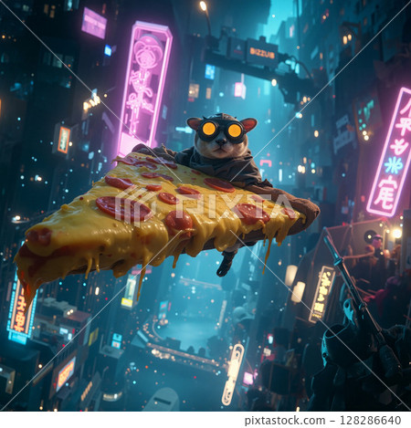 Sugar glider flying on giant pizza slice in cyberpunk city 128286640