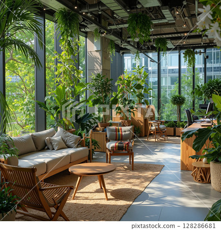 Office space filled with greenery and natural light promotes creativity and relaxation in a modern setting 128286681
