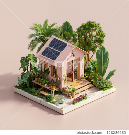 Small eco-friendly house with solar panels surrounded by vibrant greenery in a minimalist setting 128286683