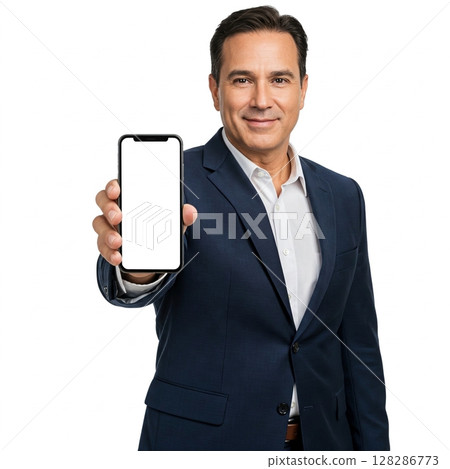 Businessman Displaying Smartphone with Blank Screen 128286773