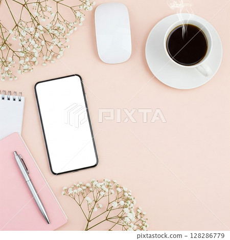 Feminine Workspace Flat Lay with Smartphone 128286779