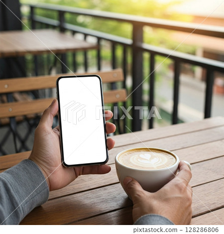 Coffee break with blank smartphone screen on outdoor terrace. 128286806