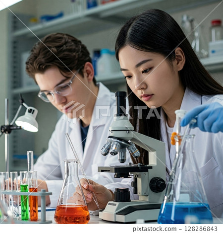 Scientists working in modern laboratory analyzing samples under microscope. Scientists working in modern laboratory analyzing samples under microscope. 128286843