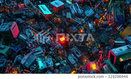 A glowing red chip buried in electronic scrap 128286948