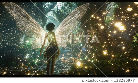 A magical moment with AI, the light fairy dancing in the forest 128286977