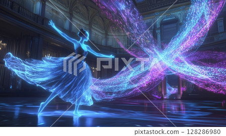 AI ballerina dancing with digital light 128286980