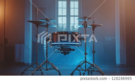 A futuristic floating electronic drum set 128286993