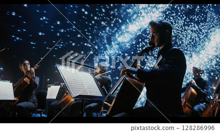 Cello and starlight on a futuristic stage Cello and starlight on a futuristic stage 128286996