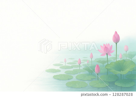 Watercolor illustration of lotus flower and water lily leaves 128287028