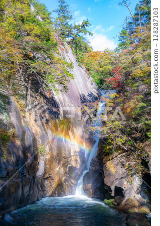 [Waterfall material] Shosenkyo in autumn, Sengataki waterfall, rainbow and autumn leaves [Yamanashi Prefecture] 128287103