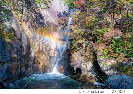 [Waterfall material] Shosenkyo in autumn, Sengataki waterfall, rainbow and autumn leaves [Yamanashi Prefecture] 128287104