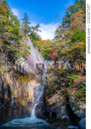 [Waterfall material] Shosenkyo in autumn, Sengataki waterfall, rainbow and autumn leaves [Yamanashi Prefecture] 128287107