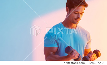 Gym-style portrait of a muscular man doing weight training Gym-style portrait of a muscular man doing weight training 128287238