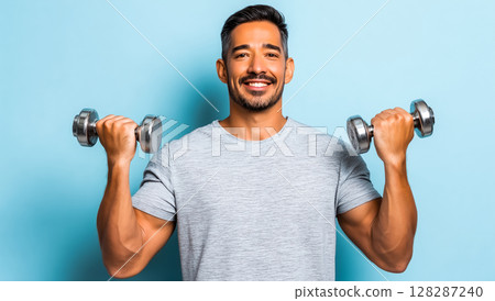 Gym-style portrait of a muscular man doing weight training Gym-style portrait of a muscular man doing weight training 128287240
