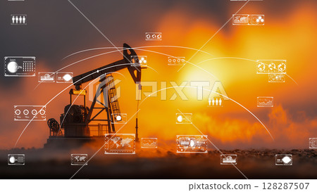 Carbon emissions scene with oil rig silhouette and futuristic data visualization Carbon emissions scene with oil rig silhouette and futuristic data visualization 128287507