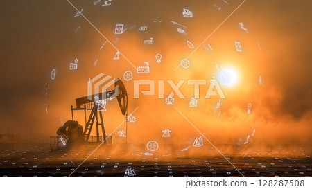 碳排放場景,包括石油鑽井平台輪廓和未來數據視覺化 碳排放場景,包括石油鑽井平台輪廓和未來數據視覺化 128287508