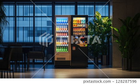 Vending machines illuminated in a modern urban lobby during evening hours 128287596