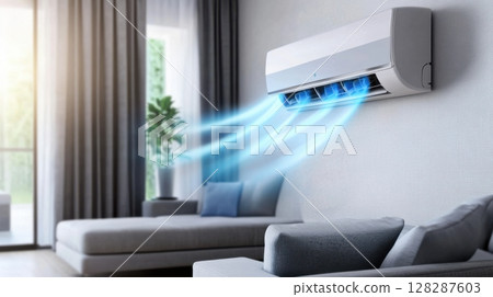 Modern air conditioning unit cools a stylish living room with sunlight streaming through large windows 128287603