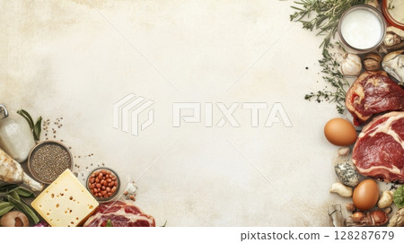 Fresh ingredients laid out on a rustic table for meal preparation in a cozy kitchen setting Fresh ingredients laid out on a rustic table for meal preparation in a cozy kitchen setting 128287679