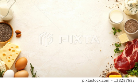 Kitchen workspace with assorted ingredients for meal preparation including dairy, meat, and vegetables 128287682