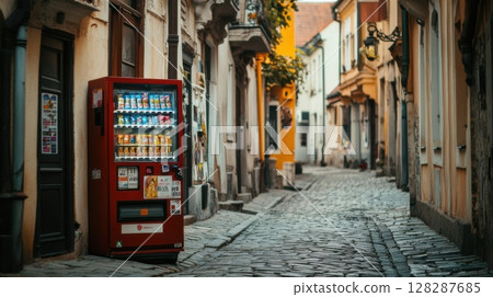Vending machine stands in a narrow cobblestone street of a quaint old town filled with colorful buildings 128287685