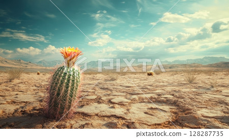 Cactus blooming in a vast desert landscape under a bright sky showcasing arid beauty and resilience 128287735