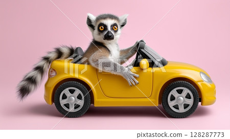 A lemur drives a yellow toy car on a pink background 128287773