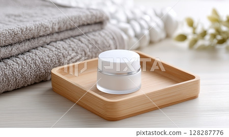 Skincare routine setup with cream, towels, and natural decor elements 128287776