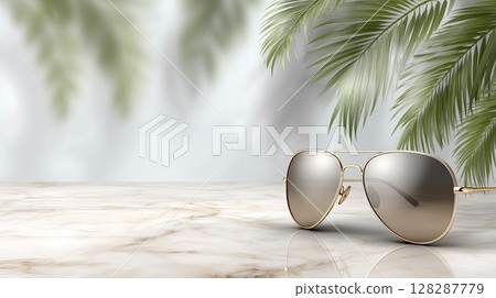 Sunglasses resting on a marble surface beside palm leaves in a tropical setting Sunglasses resting on a marble surface beside palm leaves in a tropical setting 128287779