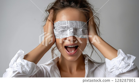 Stressed young woman screaming with eyes taped shut, conspiracy theory metaphor Stressed young woman screaming with eyes taped shut, conspiracy theory metaphor 128287801