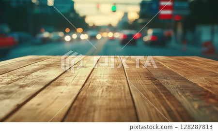 Busy urban street view with wooden table in the foreground during the golden hour 128287813