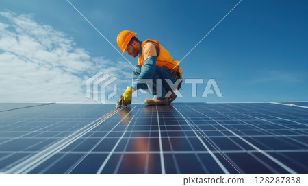 Worker installs solar panels on rooftop under bright blue sky during daytime 128287838