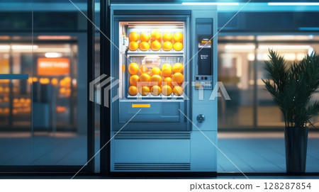 Vending machine offering fresh oranges in a modern urban setting at night 128287854